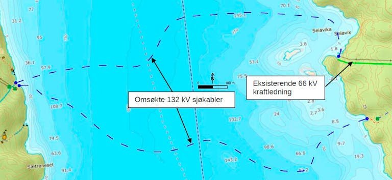 Kart med kabeltraseer over Stokksundet